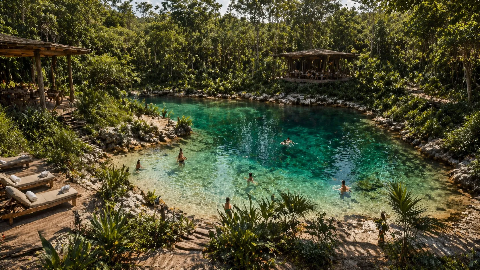 Vista aérea del cenote sagrado de Joy Tree — apertura circular en la selva de Akumal