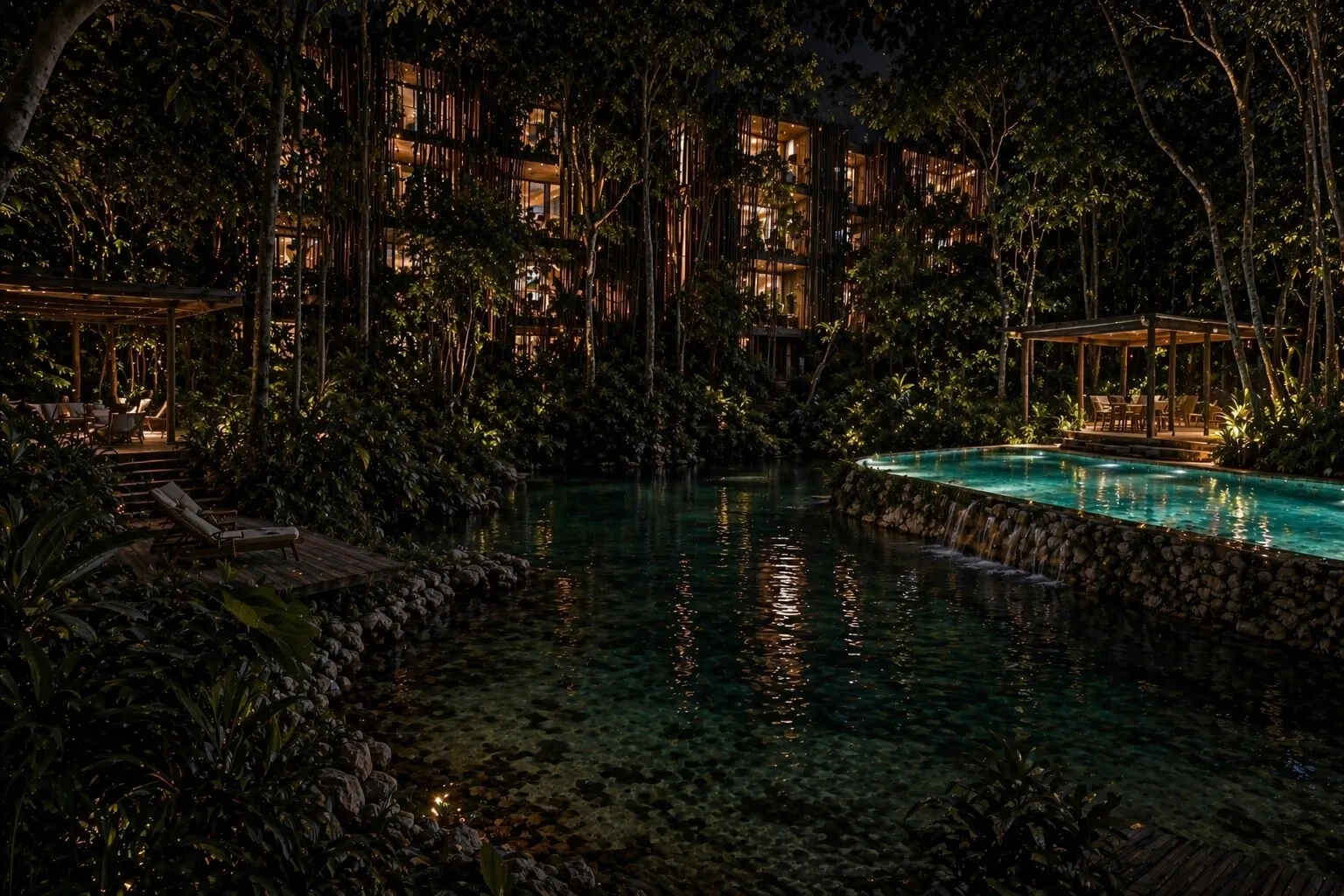 Desarrollo Joy Tree de noche junto al cenote con arquitectura Kineki iluminada