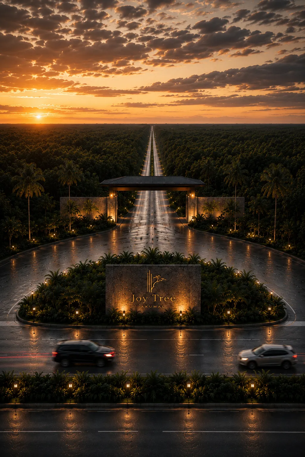 Monumento de acceso al atardecer