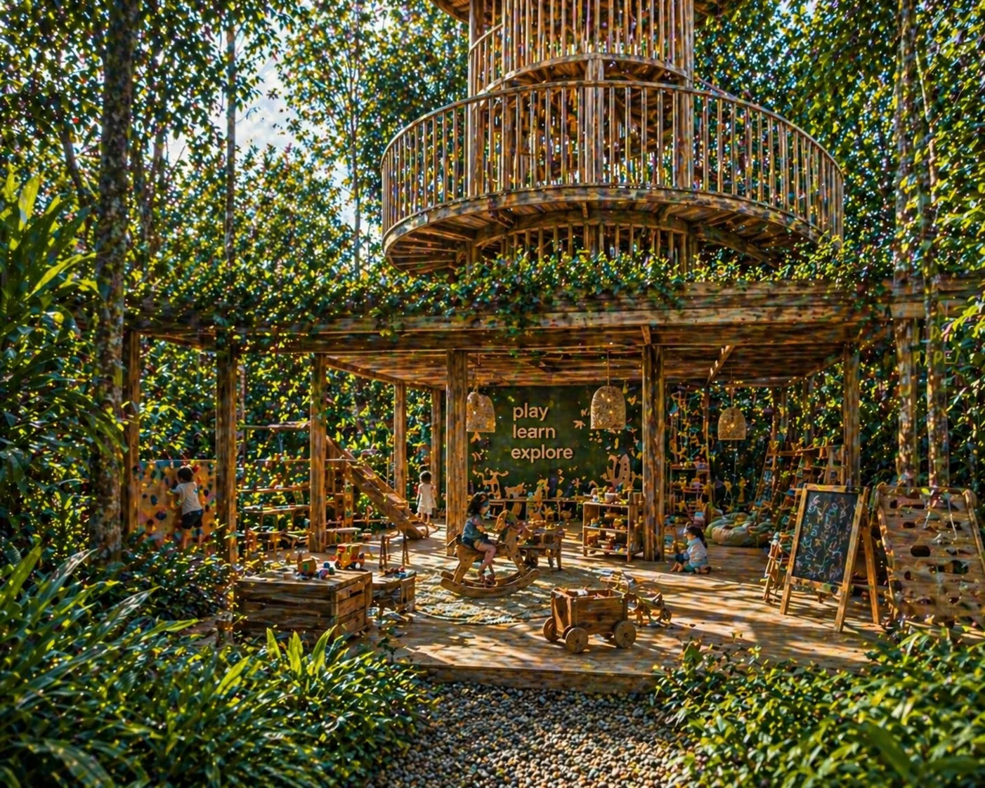 Área infantil play learn explore con casa en el árbol multinivel en Joy Tree