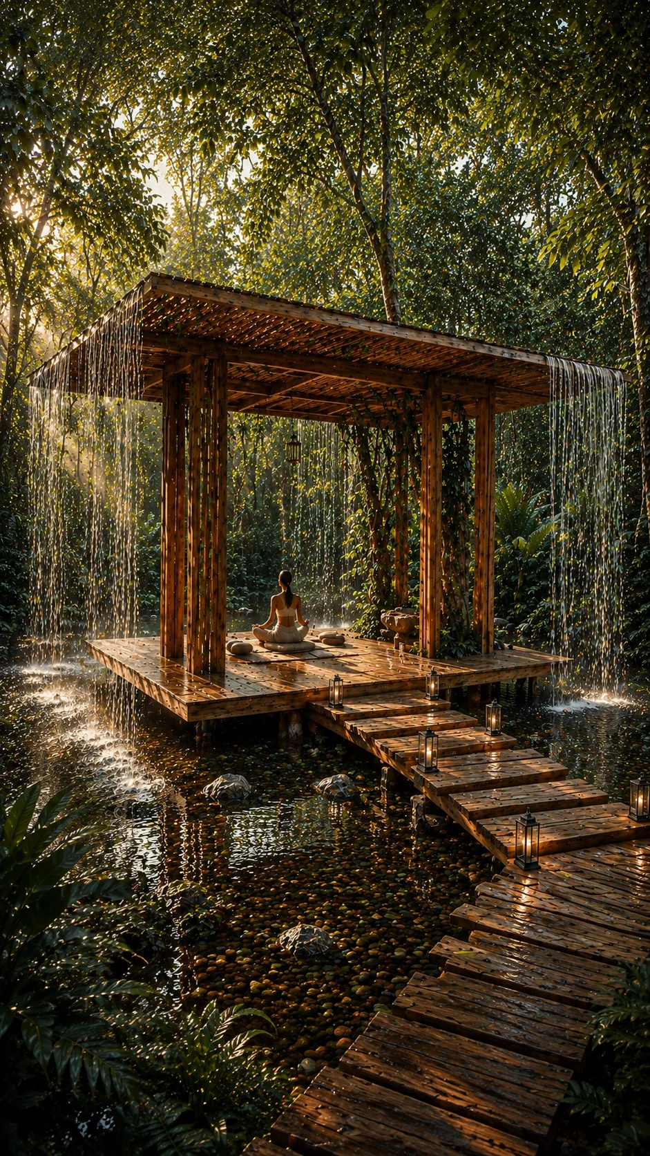 Pabellón de meditación rodeado por cortinas de agua en la selva de Joy Tree