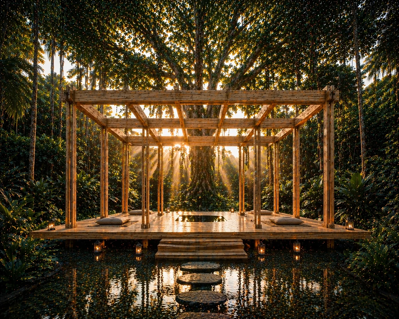 Pabellón de meditación dorado Kineki en Joy Tree al atardecer