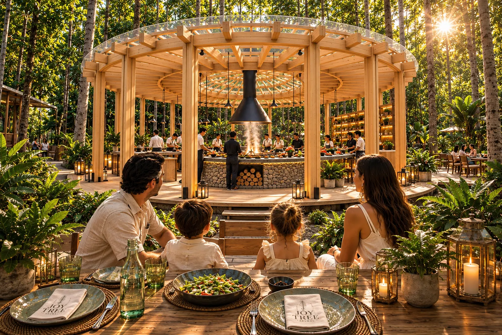 Familia a la mesa frente a la cocina de fuego vivo del pabellón comunitario de Joy Tree