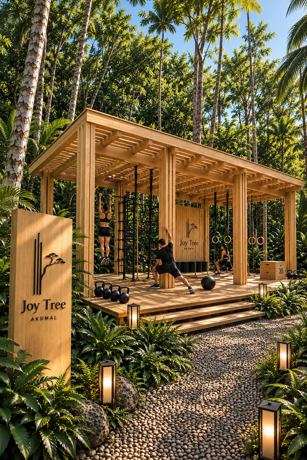 Gimnasio al aire libre de madera Kineki entre la vegetación de Joy Tree