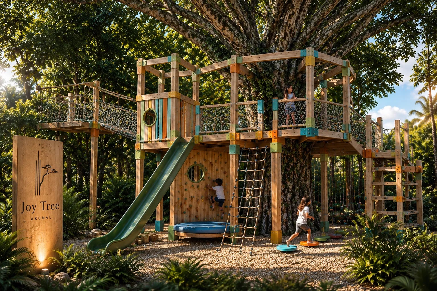 Casa del árbol con tobogán y redes