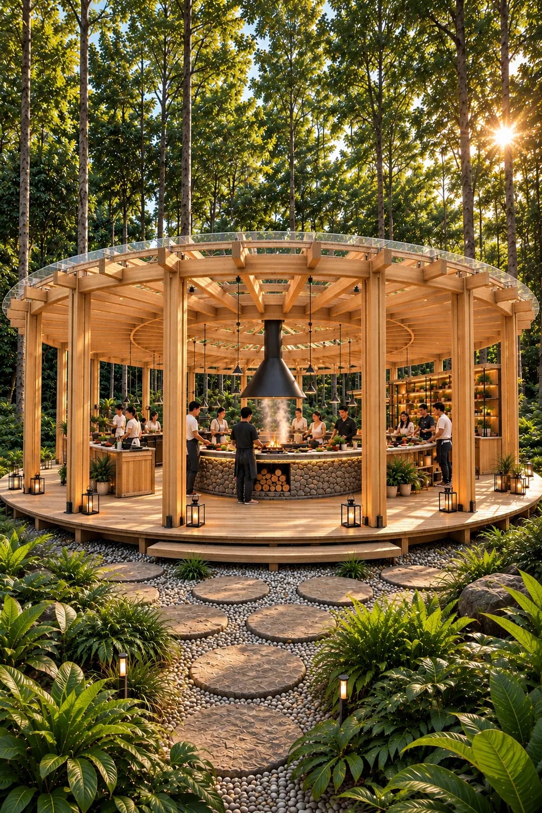 Pabellón circular de la cocina comunitaria abierto a la selva