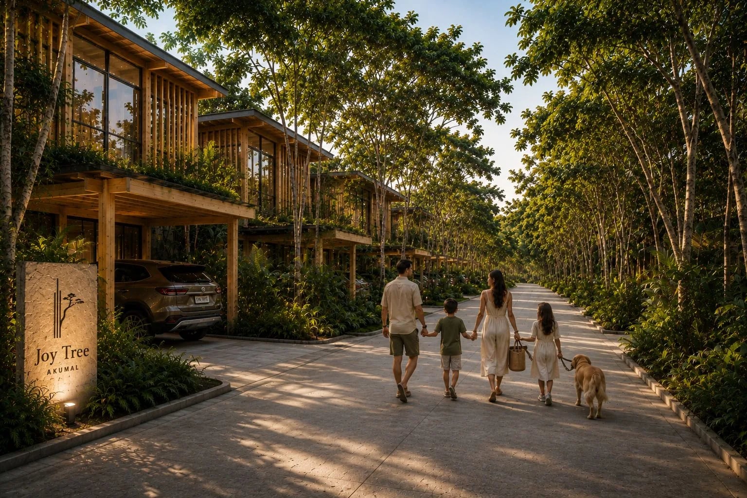 Una familia llega caminando por la calle de acceso de Joy Tree al atardecer