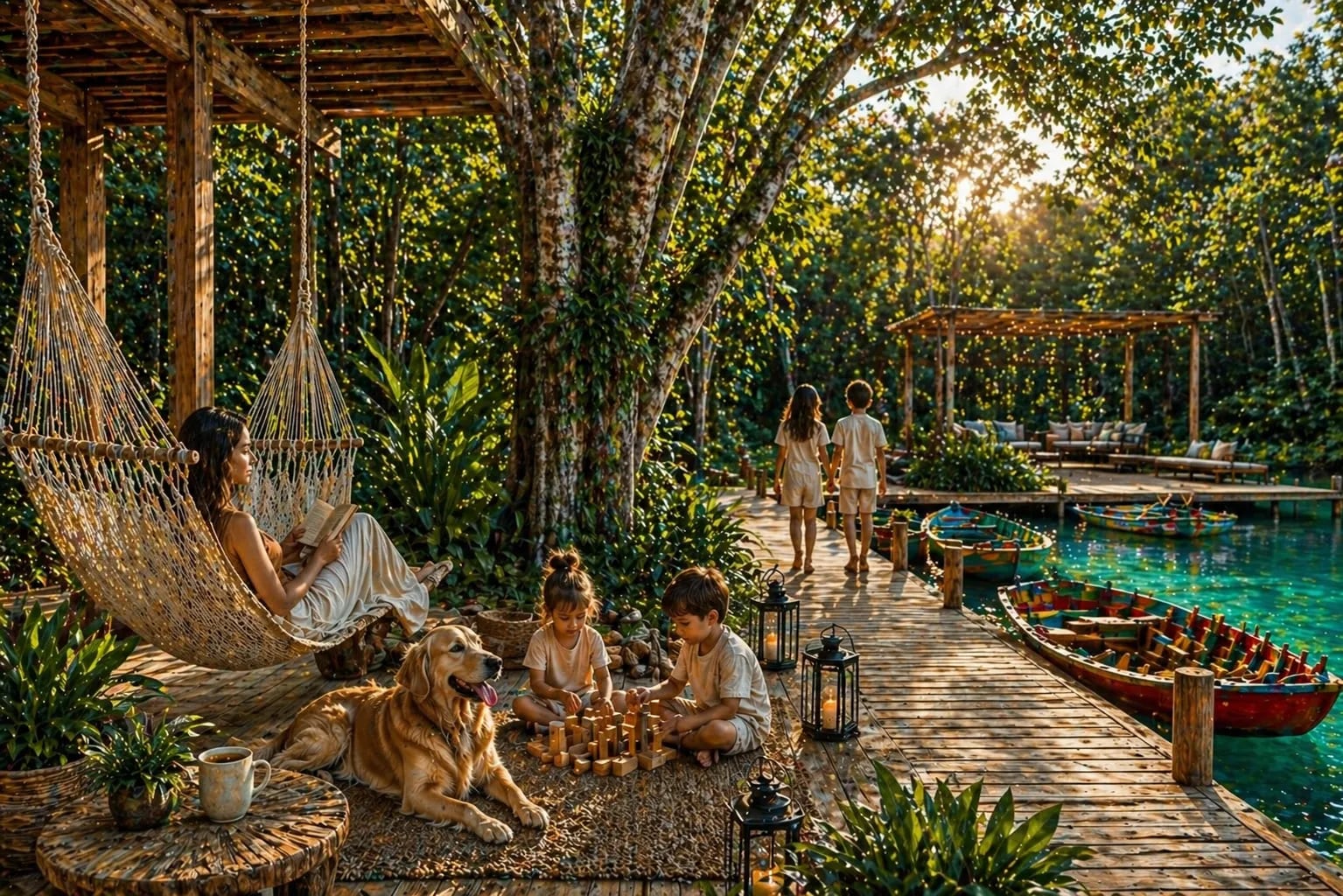 Una familia descansa en las hamacas junto a la laguna de Joy Tree