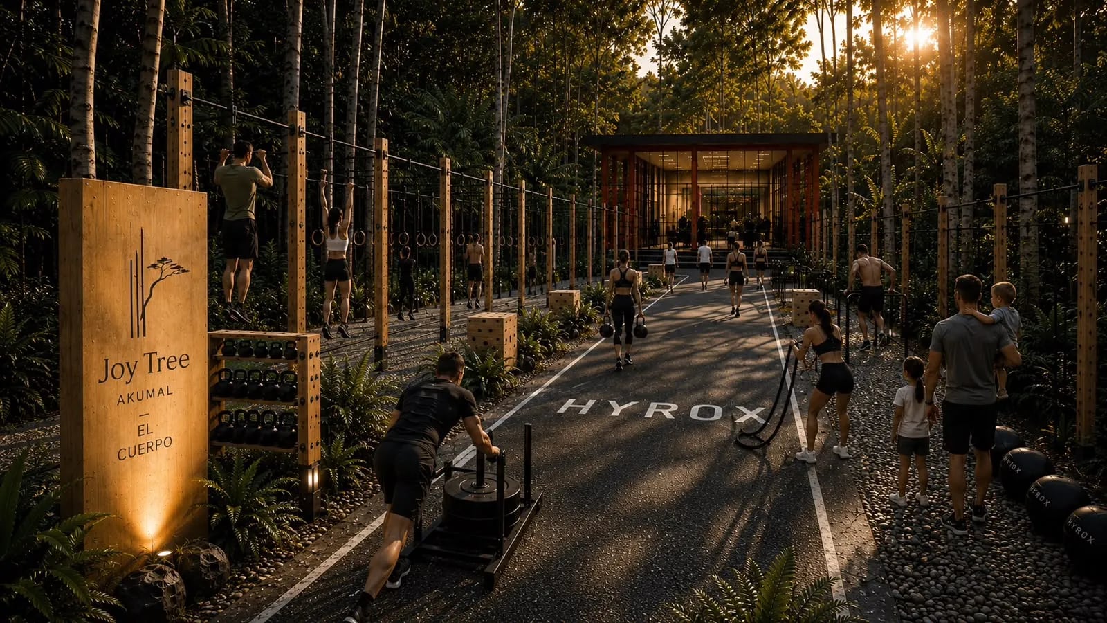 Circuito de entrenamiento HYROX al atardecer