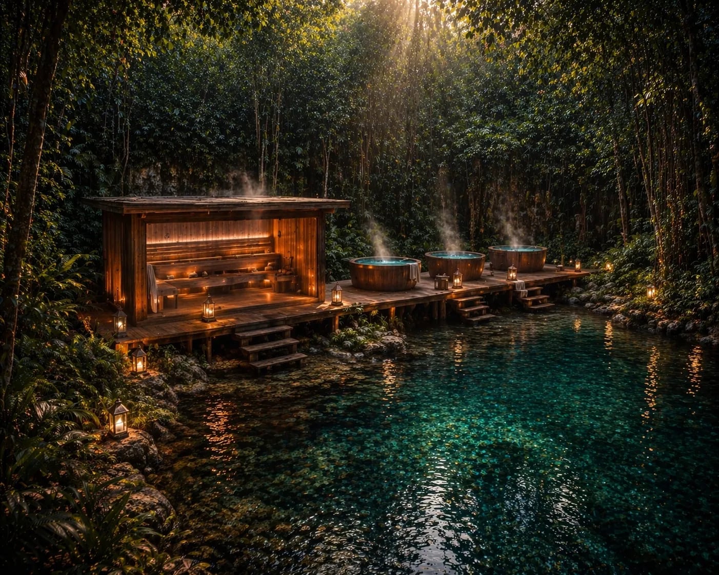 Sauna y tinas de inmersión al borde del cenote