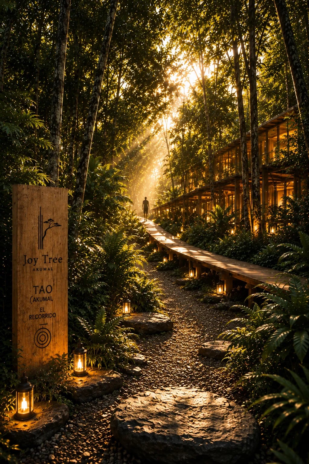 Recorrido Joy Tree: sendero entre la selva con faroles y el tótem de TAO
